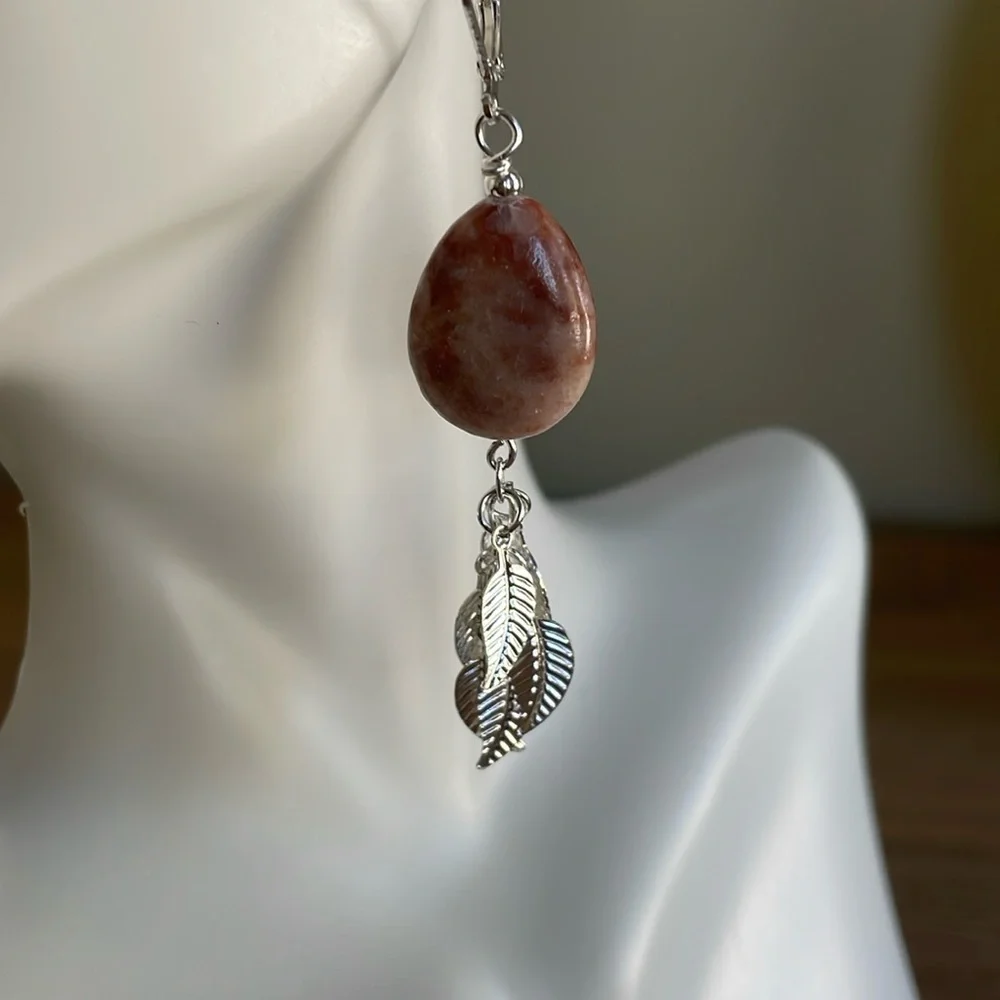 HAND CRAFTED SUNSTONE PIERCED EARRINGS Boho Dangling Leaves